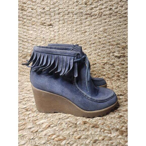 Rocket Dog Wedge Booties Blue Suede Moccasin Fringe Women's 8 - Picture 5 of 12